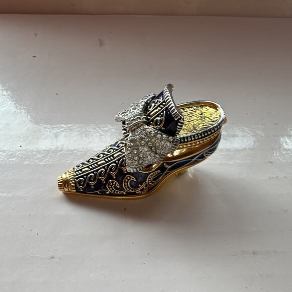 Enameled Set 2 Crystal Bejeweled Cloisonné High Heel Hinged Red Blue Trinket Box - Picture 8 of 14